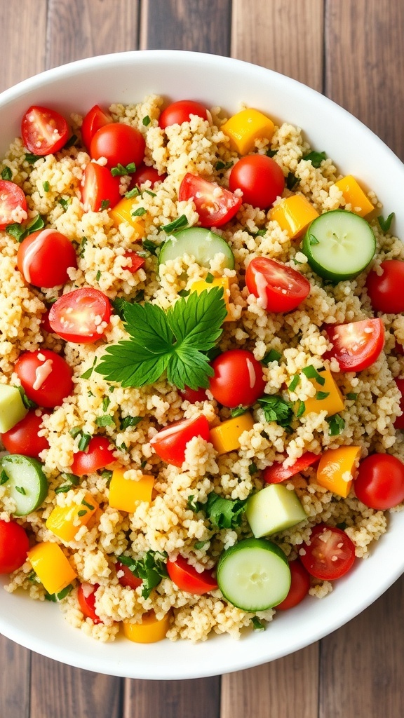 A vibrant quinoa salad with cherry tomatoes, cucumbers, bell peppers, and parsley in a bowl on a wooden table.